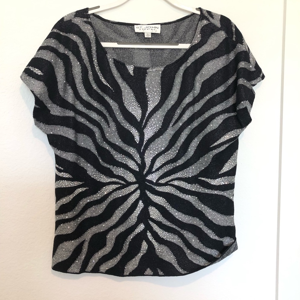 St. John Black & Silver Zebra-Stripe Scoop neck Short Sleeve Top